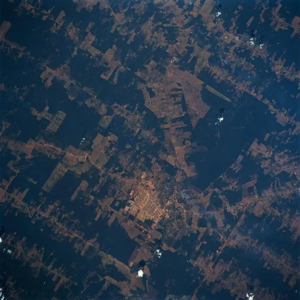 Imagem de satélite mostrando o contraste entre floresta preservada e áreas desmatadas em padrão geométrico