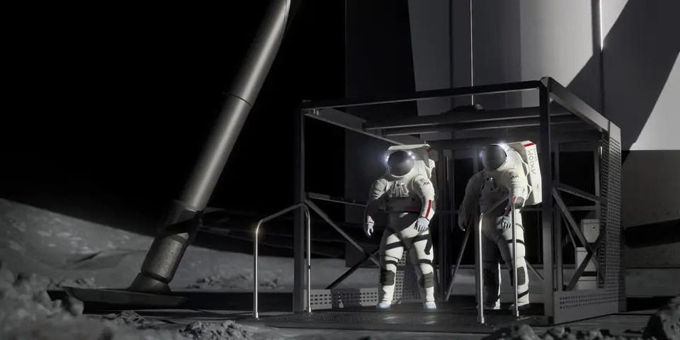 Ilustração de astronautas da Artemis caminhando na superfície lunar perto de um módulo de pouso