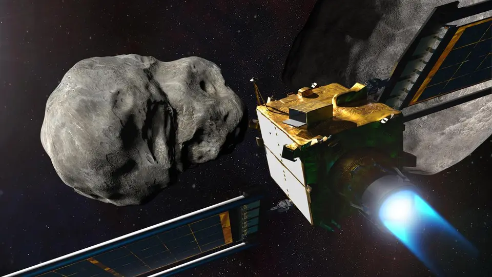 Ilustração da sonda DART se aproximando do asteroide Dimorphos antes do impacto
