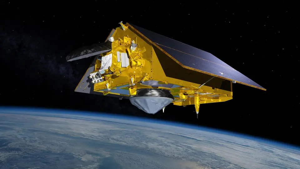 Ilustração de um satélite em órbita da Terra, com painéis solares abertos