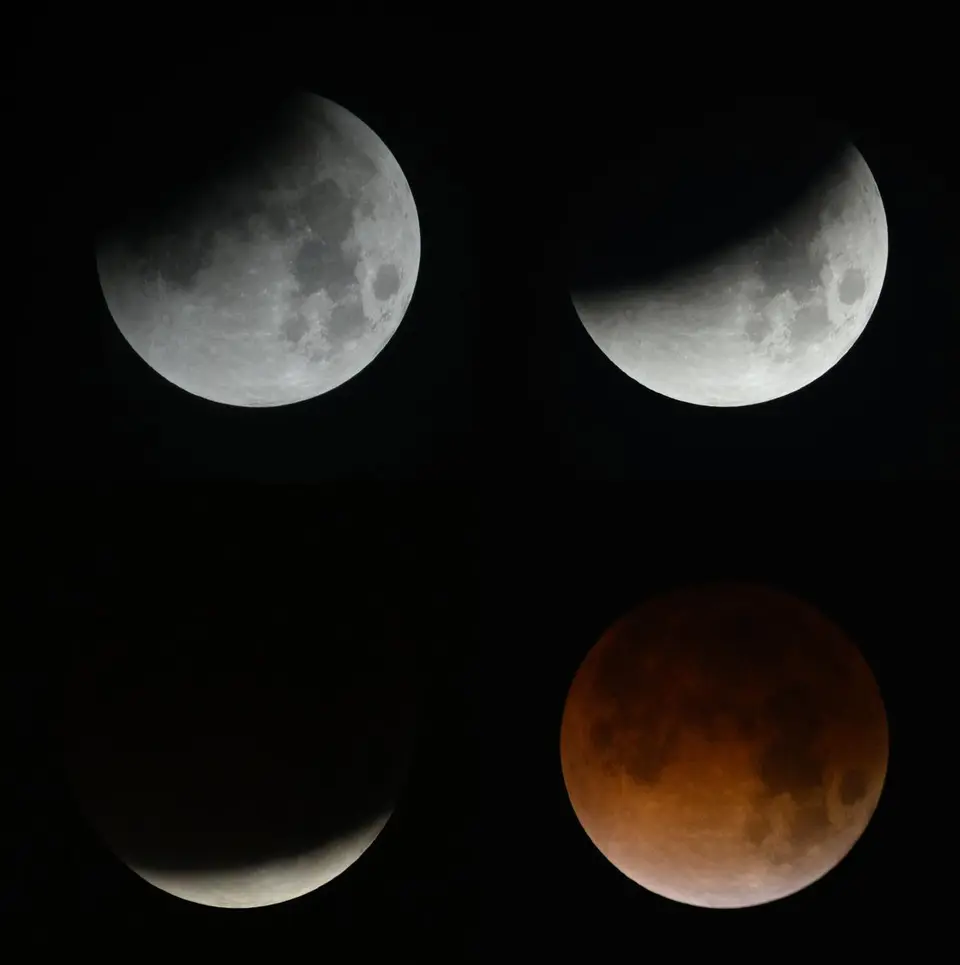 Sequência das fases de um eclipse lunar total, da Lua cheia branca até a Lua avermelhada