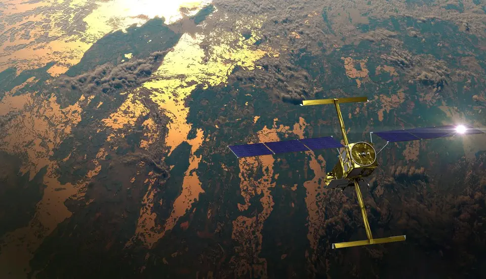 Ilustração de um satélite de observação da Terra em órbita, com painéis solares abertos sobre o planeta