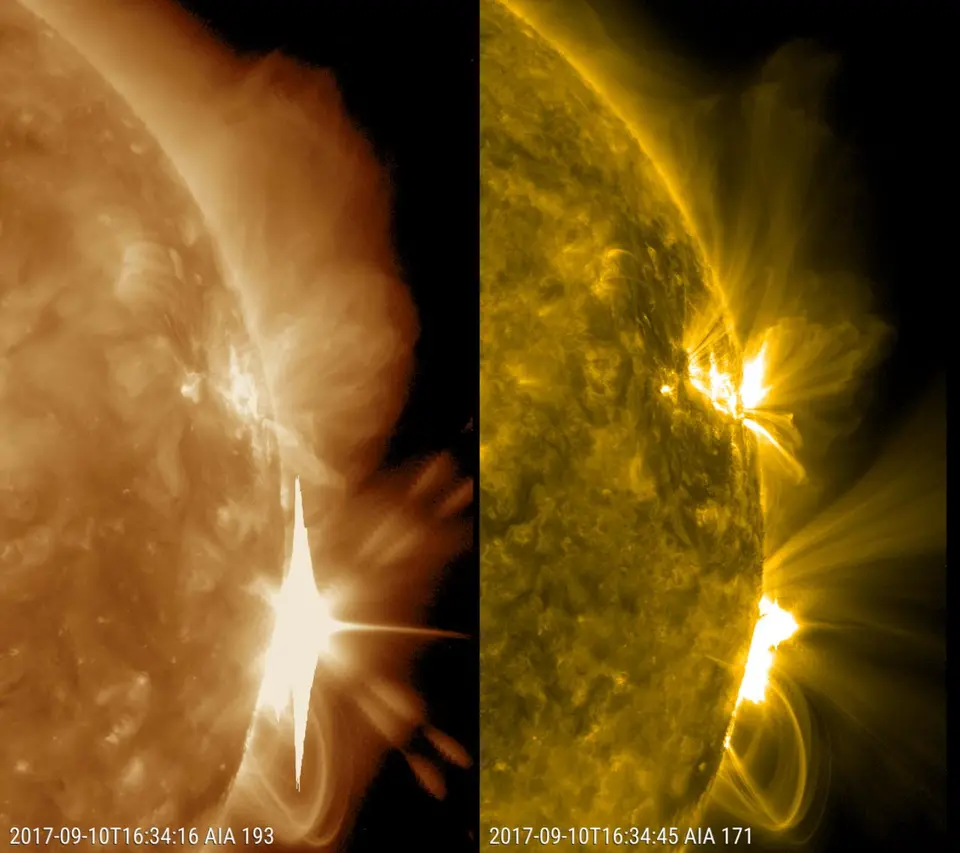 Superfície do Sol com detalhes de plasma e uma grande erupção solar