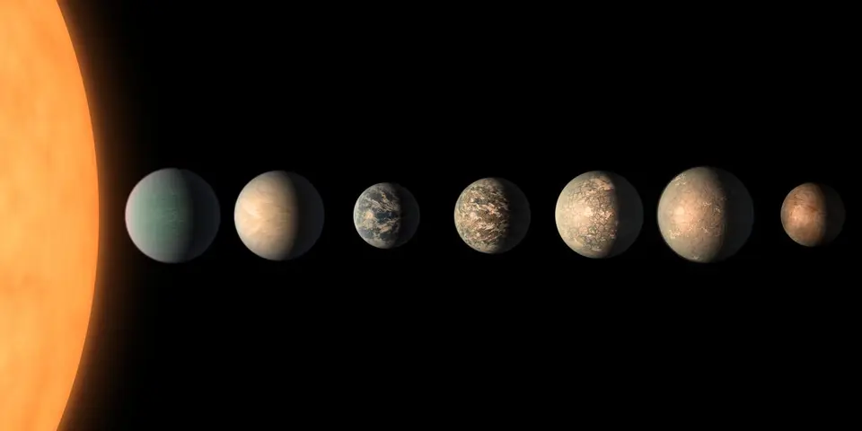 Ilustração dos sete planetas do sistema TRAPPIST-1 alinhados em frente à estrela anã vermelha