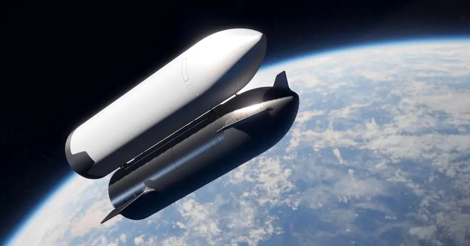 Ilustração de um Starship sendo reabastecido por outro em órbita da Terra