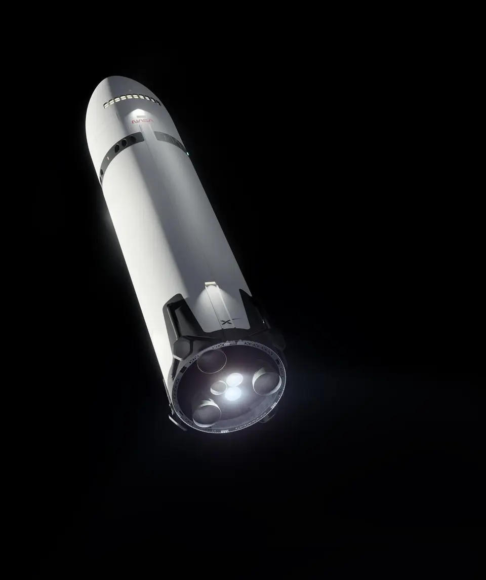 Ilustração do Starship HLS da SpaceX, a versão lunar do foguete, com os motores Raptor