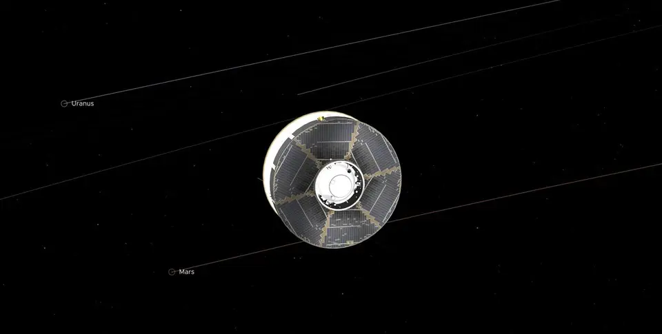 Nave espacial com painéis solares em trajetória pelo espaço rumo a Marte, em ilustração